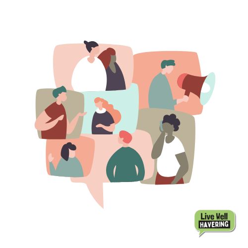 Illustration of diverse people in speech bubbles talking, listening, and using a megaphone; includes “Live Well HAVERING” logo.
